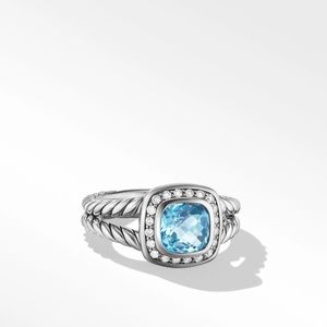 David Yurman Petite Albion Ring with Blue Topaz and Pavé Diamonds, size 6